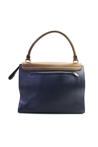 Celine Womens Bi Color Flap Medium Top Handle Handbag Brown Navy Blue Leather