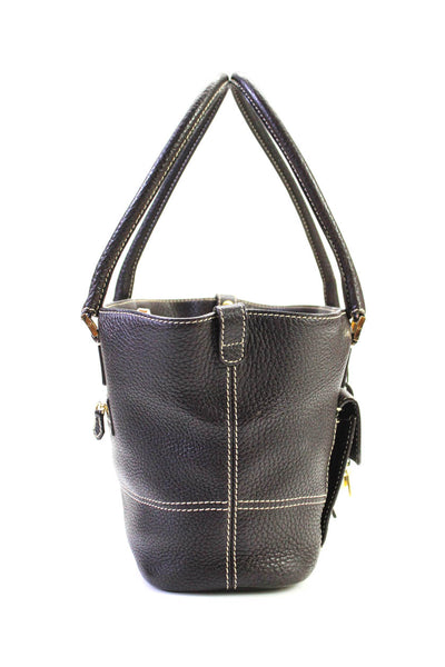 Loro Piana Womens Double Handle Globe Grain Leather Pocket Front Handbag Brown