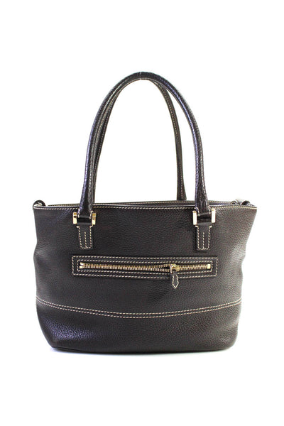 Loro Piana Womens Double Handle Globe Grain Leather Pocket Front Handbag Brown