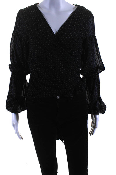 Club Monaco Womens Long Puff Sleeve Polka Dot Wrap Top Blouse Black Size Small