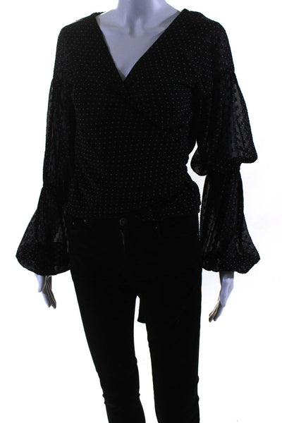 Club Monaco Womens Long Puff Sleeve Polka Dot Wrap Top Blouse Black Size Small