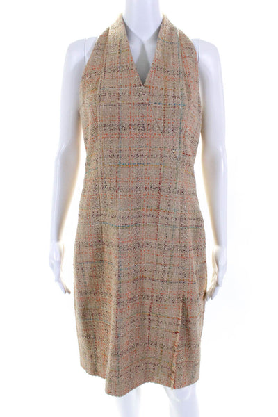 Akris Punto Womens Plaid Woven V Neck Slit Knee Length Shift Dress Tan Size 8