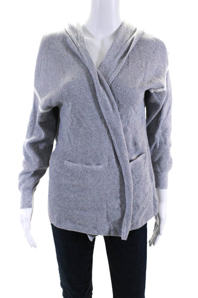 State Cashmere Womens Ribbed Long Open Front Hooded Cardigan Sweater Gray Small