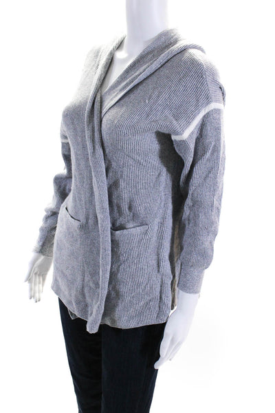 State Cashmere Womens Ribbed Long Open Front Hooded Cardigan Sweater Gray Small