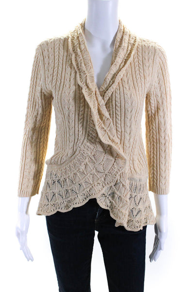 LRL Lauren Jeans Womens Cable Pointelle Knit Open Front Cardigan Beige Medium