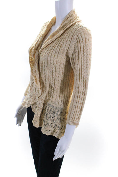 LRL Lauren Jeans Womens Cable Pointelle Knit Open Front Cardigan Beige Medium