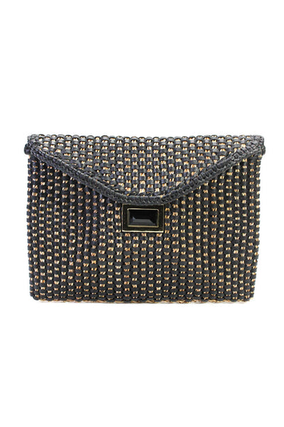 Kara Ross Womens Leather Straw Woven Magnet Envelope Clutch Handbag Black Tan