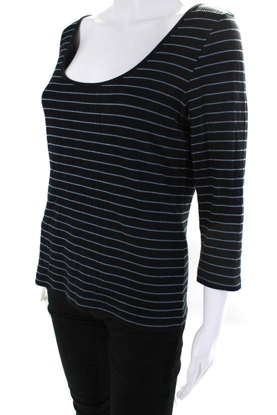 Vince Womens 3/4 Sleeve Scoop Neck Striped Tee Shirt Navy Cotton Size Large