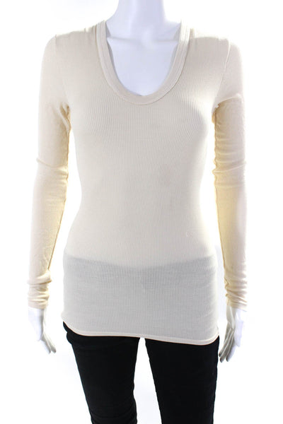 Enza Costa Womens Long Sleeve Ribbed Knit V Neck Tshirt Beige Size XS