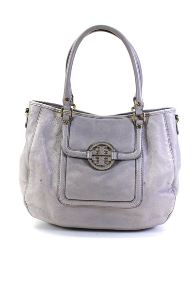 Tory Burch Womens Pebbled Leather Gold Tone Hardware Top Handle Handbag Gray