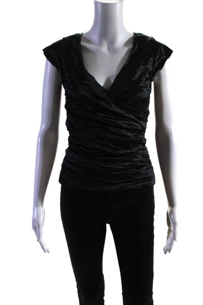 Nicole Miller Collection Women's Cap Sleeve Ruched V Neck Blouse Black Size P