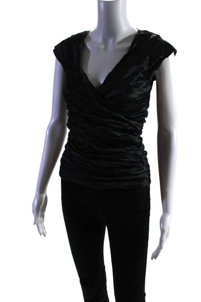 Nicole Miller Collection Women's Cap Sleeve Ruched V Neck Blouse Black Size P