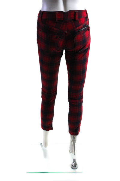 MDC Women's Zip Fly Plaid Slim Ankle Trousers Red Size 34
