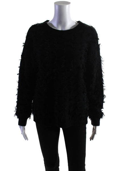 A.Z.I Womens Pullover Check Fringe Crew Neck Sweatshirt Black Size Large