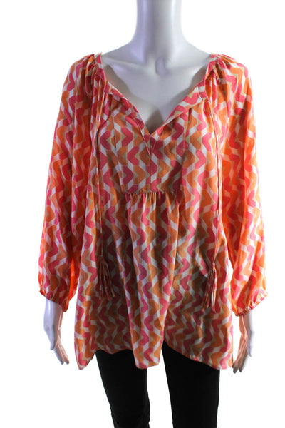 Tyler Boe Womens Long Sleeve V Neck Abstract Silk Top Pink White Orange Large