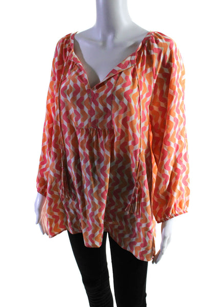 Tyler Boe Womens Long Sleeve V Neck Abstract Silk Top Pink White Orange Large