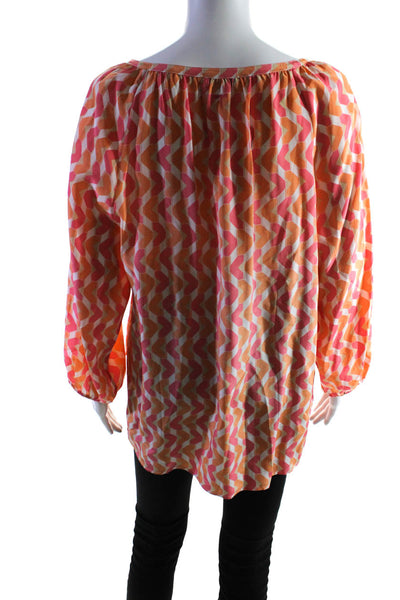 Tyler Boe Womens Long Sleeve V Neck Abstract Silk Top Pink White Orange Large