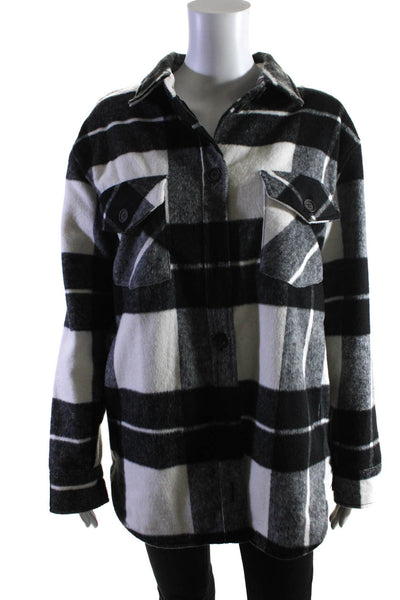 Thread & Supply Womens Button Front Collared Fleece Plaid Coat Gray White Small
