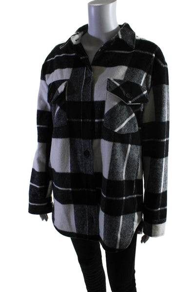Thread & Supply Womens Button Front Collared Fleece Plaid Coat Gray White Small