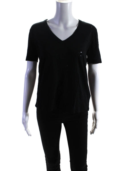 Zadig & Voltaire Womens Black Cotton Distress V-Neck Short Sleeve Tee Top Size S