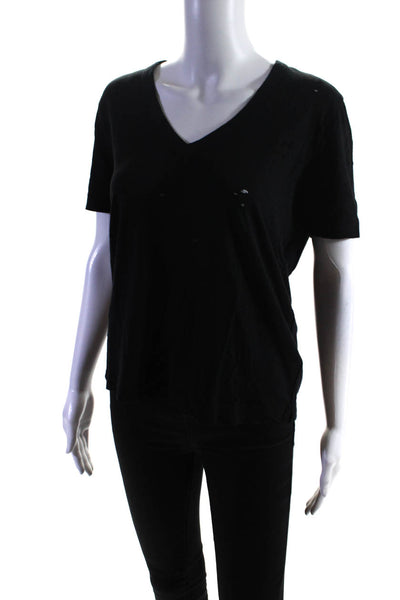 Zadig & Voltaire Womens Black Cotton Distress V-Neck Short Sleeve Tee Top Size S