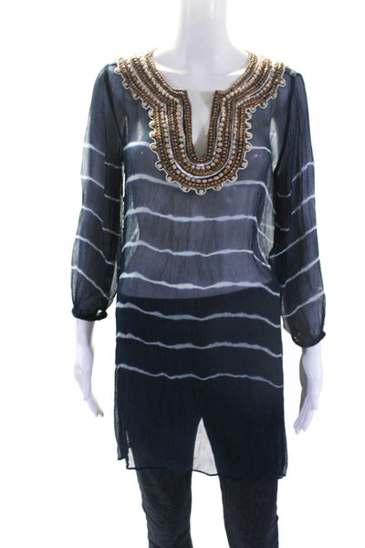 Calypso Saint Barth Womens Silk Beaded Long Sleeve Striped Tunic Top Blue SizeXS