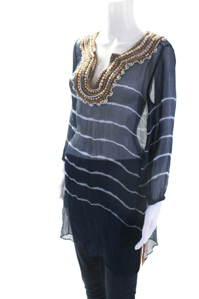 Calypso Saint Barth Womens Silk Beaded Long Sleeve Striped Tunic Top Blue SizeXS