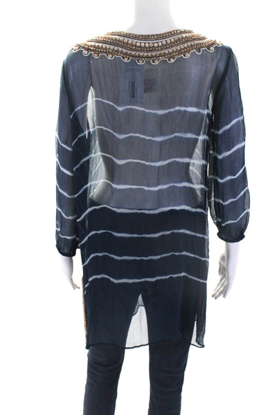 Calypso Saint Barth Womens Silk Beaded Long Sleeve Striped Tunic Top Blue SizeXS