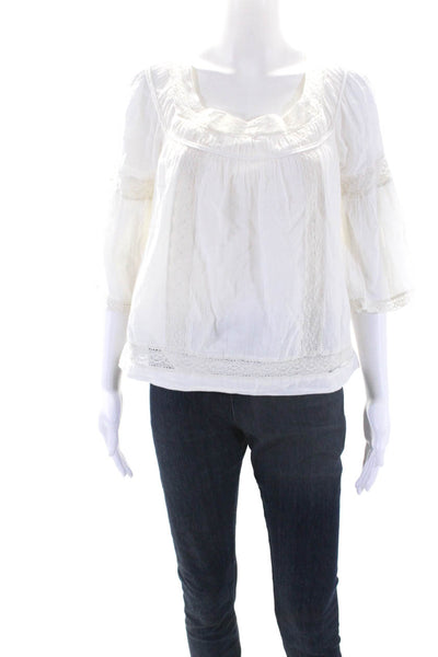 La Vie Womens 3/4 Sleeve Scoop Neck Lace Trim Shirt White Cotton Size Medium
