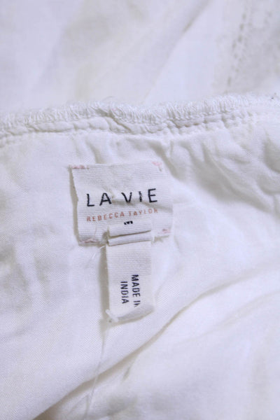 La Vie Womens 3/4 Sleeve Scoop Neck Lace Trim Shirt White Cotton Size Medium