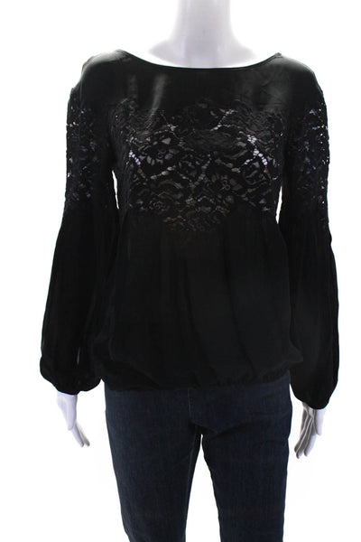 Ramy Brook Womens Silk Floral Lace Ruched Hem Long Sleeve Blouse Black Size XS