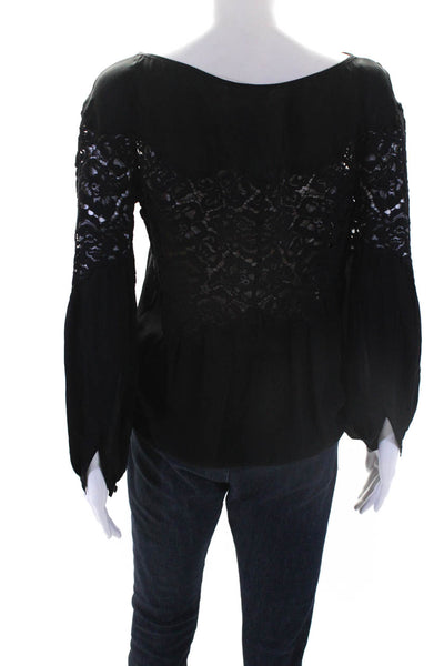 Ramy Brook Womens Silk Floral Lace Ruched Hem Long Sleeve Blouse Black Size XS