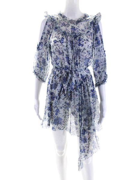 Alice McCall Womens Floral Print Belted Cold Shoulder Ruffled Dress Blue Size M