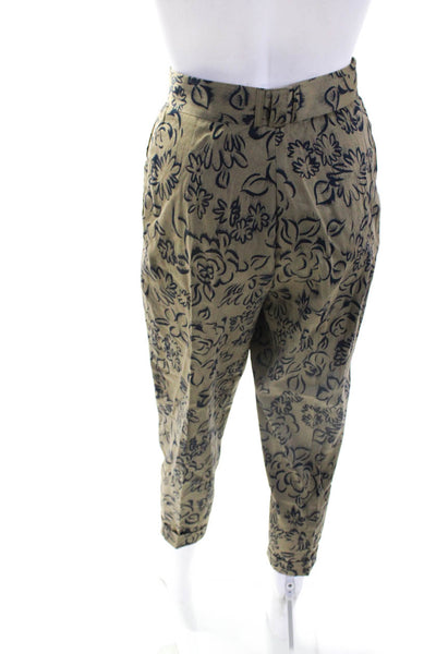 Gianni Versace Womens Cotton Floral Print High-Rise Tapered Pants Olive Size I