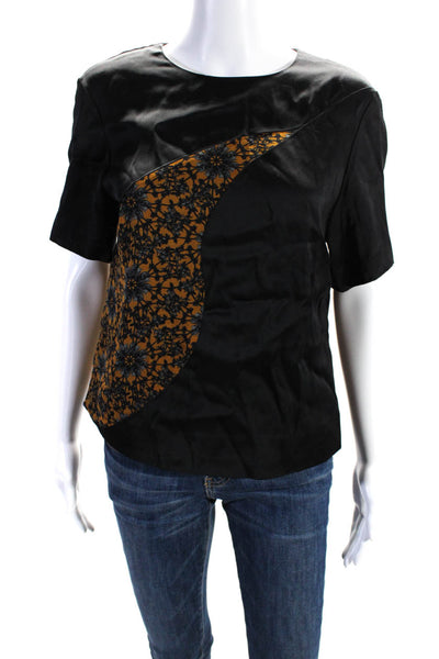 Sharon Wang Womens Floral Short Sleeved Round Neck Blouse Black Brown Size M