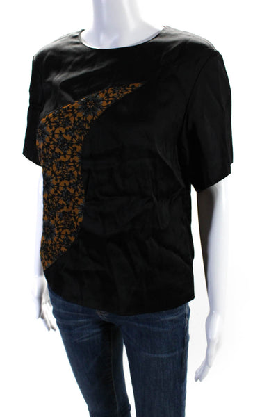 Sharon Wang Womens Floral Short Sleeved Round Neck Blouse Black Brown Size M