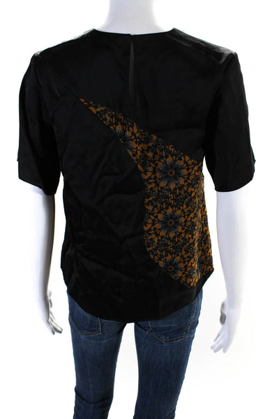 Sharon Wang Womens Floral Short Sleeved Round Neck Blouse Black Brown Size M