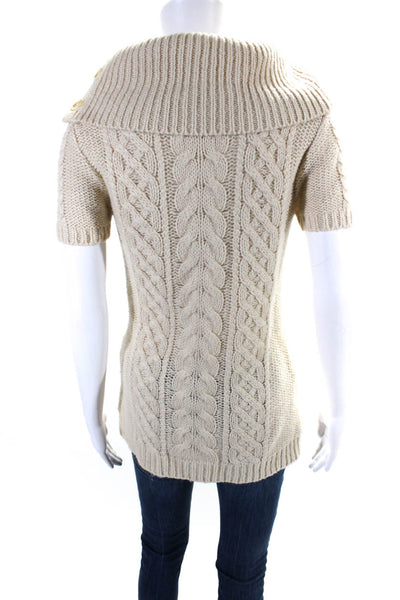 BCBGMAXAZRIA Womens Ivory Cable Knit Cowl Neck Short Sleeve Sweater Top Size S