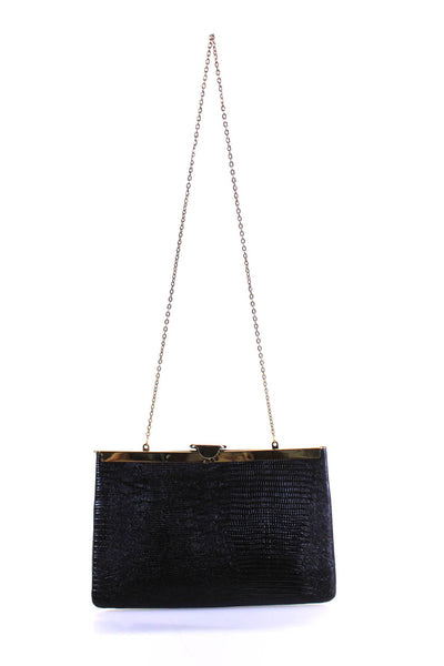 Etra Womens Textured Leather Chain Strap Latch Clutch Handbag Black Gold Tone