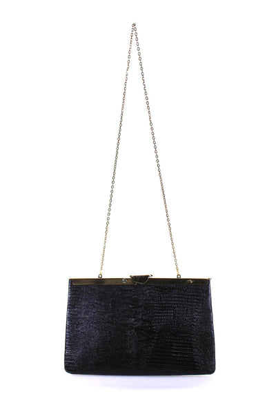 Etra Womens Textured Leather Chain Strap Latch Clutch Handbag Black Gold Tone
