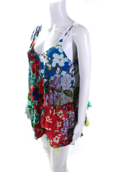 Hemant & Nandita Womens Silk Floral V-Neck Adjustable Mini Dress Blue Size L