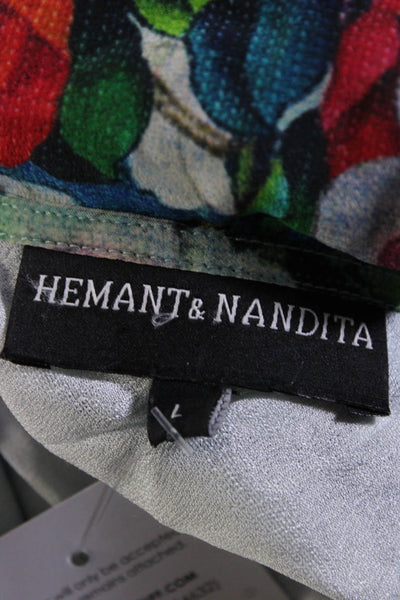 Hemant & Nandita Womens Silk Floral V-Neck Adjustable Mini Dress Blue Size L
