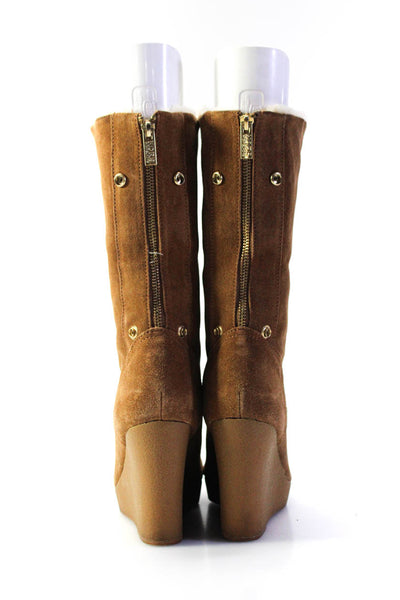 KORS Michael Kors Womens Leather Shearling Lined Zip Up Wedge Boots Tan Size 7M