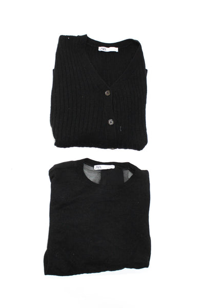 Zara Womens Chiffon Crew Neck Sweater Button Up Cardigan Black Size Large Lot 2