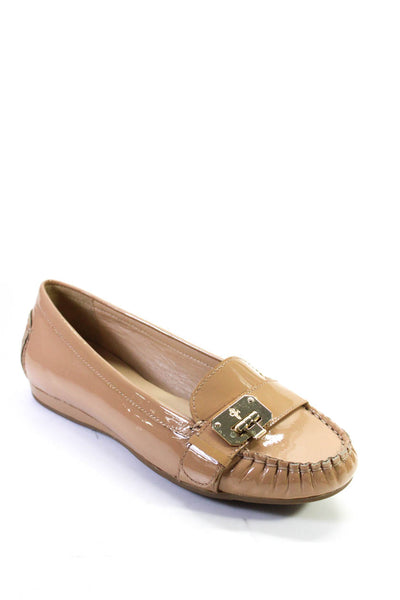 Cole Haan Womens Patent Leather Medallion Buckled Apron Toe Flats Biege Size 7