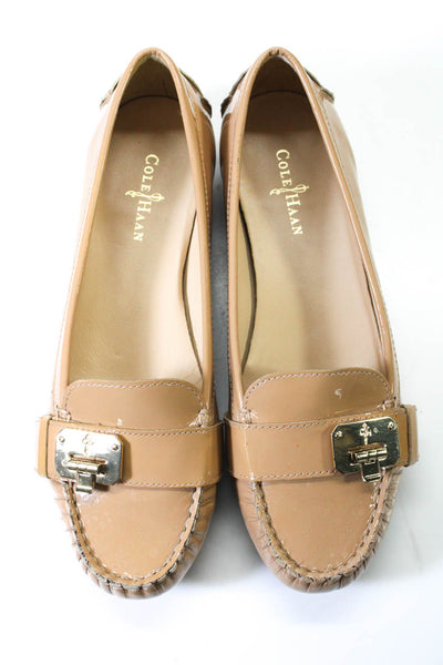 Cole Haan Womens Patent Leather Medallion Buckled Apron Toe Flats Biege Size 7