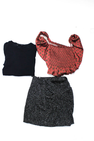 Zara Womens Square Neck 3/4 Sleeves Smocked Peplum Polka Dot Blouse Size S Lot 3