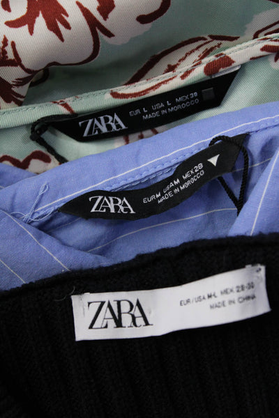 Zara Womens Satin Striped Floral Shirts Sweaters Blue Medium M/L Large Lot 3