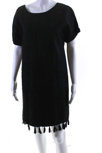 Madewell Womens Embroidered Tassel Hem Short Sleeve Shift Dress Black Medium