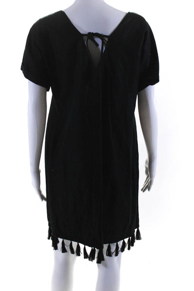Madewell Womens Embroidered Tassel Hem Short Sleeve Shift Dress Black Medium